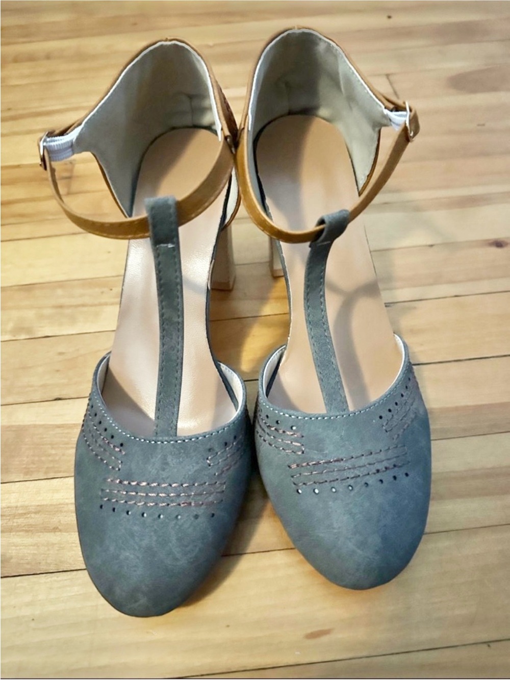 Elle Women's Two-Tone T-Strap Block Heel Sandals - Gray & Tan